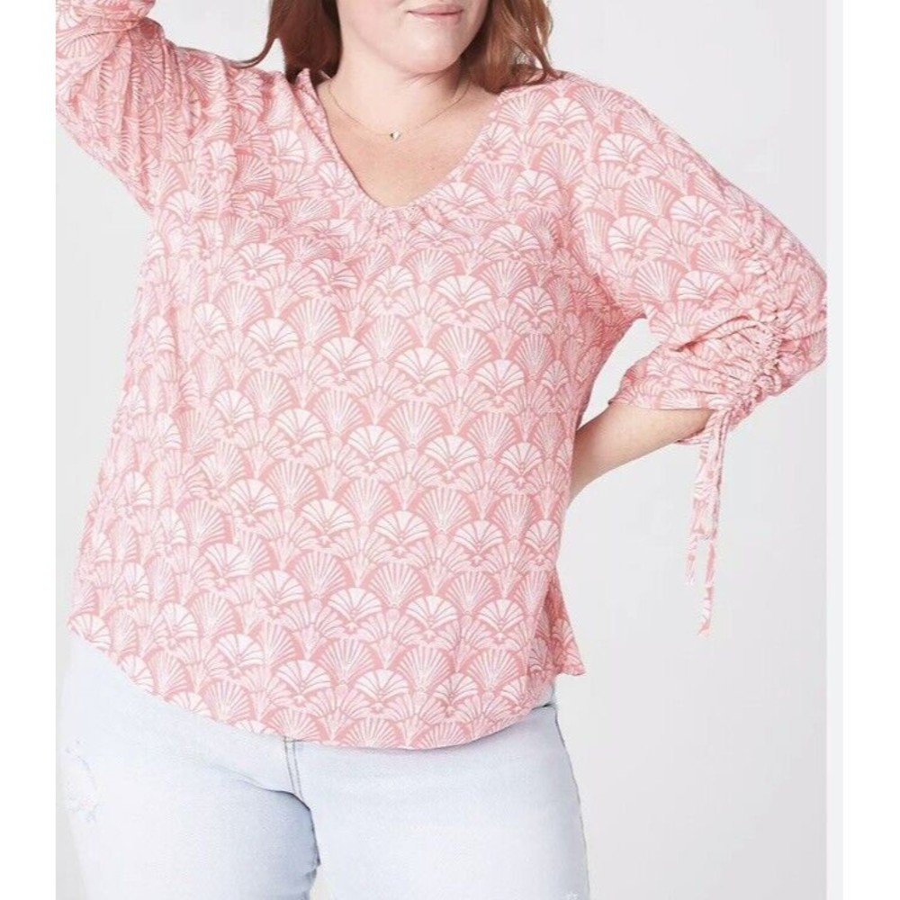 Lane Bryant Womens Shirred Sleeve Top Size 20 V-Neck Pink Seashell
